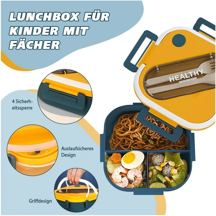 HT Lunchbox Lunch-Behälter (3 Fächer), Auslaufsicher & BPA-frei-mit Besteck, für Kinder und Erwachsene Brotdose mit Fächern – Bild 2