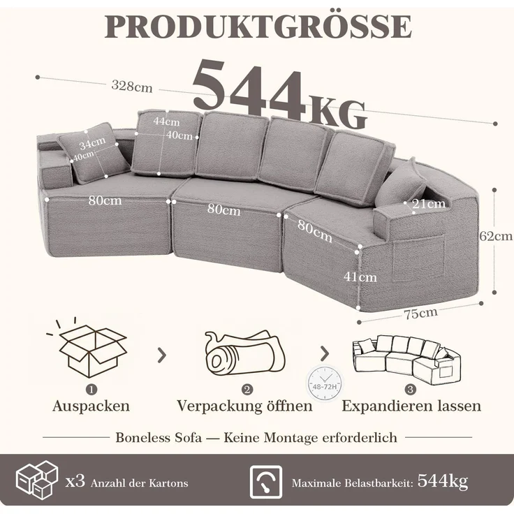 COMHOMA Sofa, modulares Schlafsofa, Polstersofa, 3-Sitzer Sofa, Flexible Sektionscouch,mit Aufbewahrungstasche, Couch mit schlaffunktion, Keine Montage erforderlich, Sherpa-Kunstfell-Bezug, Grau – Bild 2