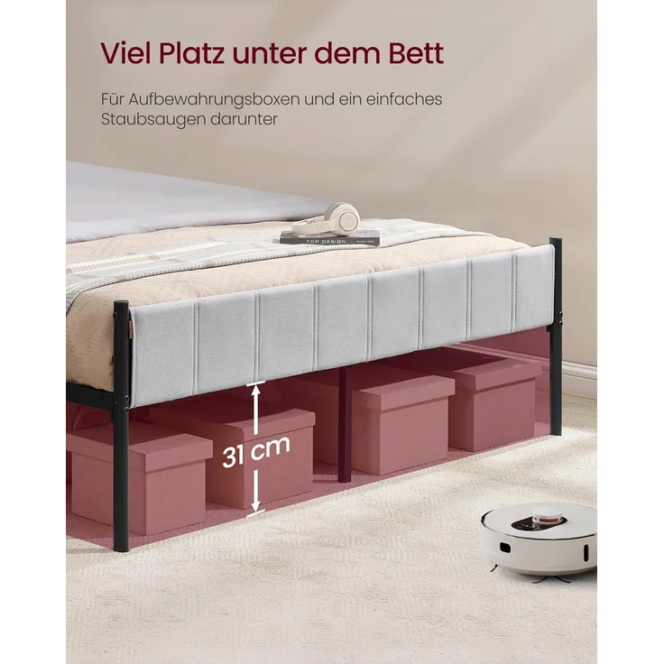 VASAGLE Doppelbett, 160x200 cm, mit gepolstertem Kopfteil, Bettrahmen, Stahl-Latten, trägt bis zu 500 kg, Stahl/Textil Taubengrau – Bild 7
