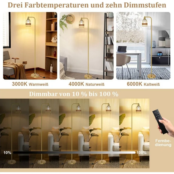 Jibenhome LED Stehlampe Gold Stehlampe,Industrielle Stehleuchte mit Glühbirne & Fernbedienung, LED fest integriert, Fußschalter,3 Farbtemperaturen,10 Stufen dimmbar – Bild 1