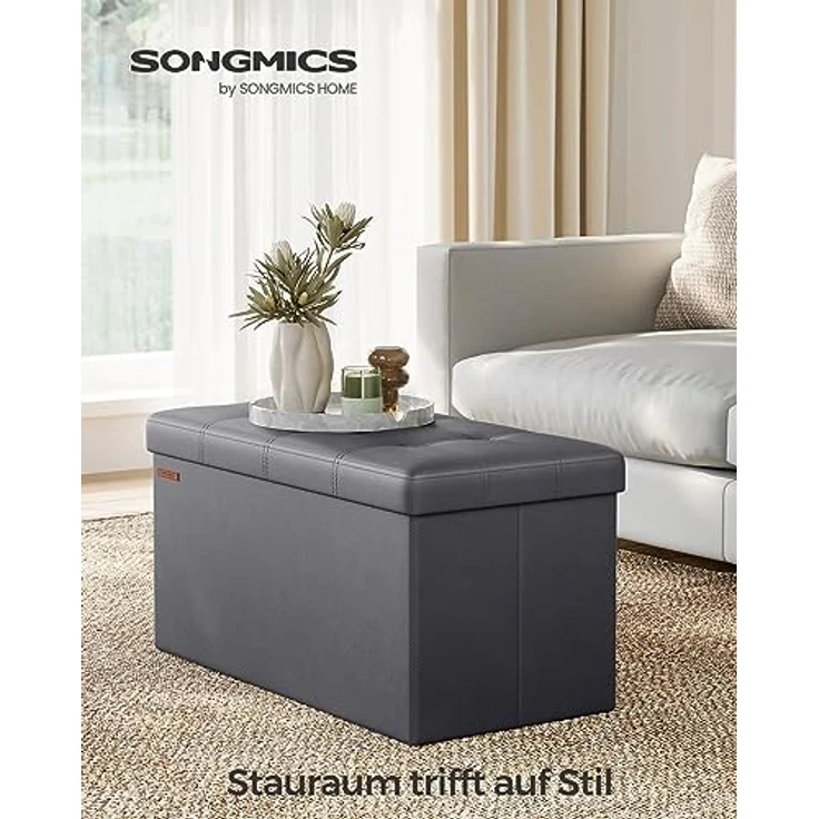 Songmics 76 cm Sitzbank mit Stauraum, Sitztruhe, Aufbewahrungsbox, Fußhocker, faltbar, gepolstert, Bezug aus Kunstleder, bis 300 kg belastbar, dunkelgrau LSF040G01 – Bild 5