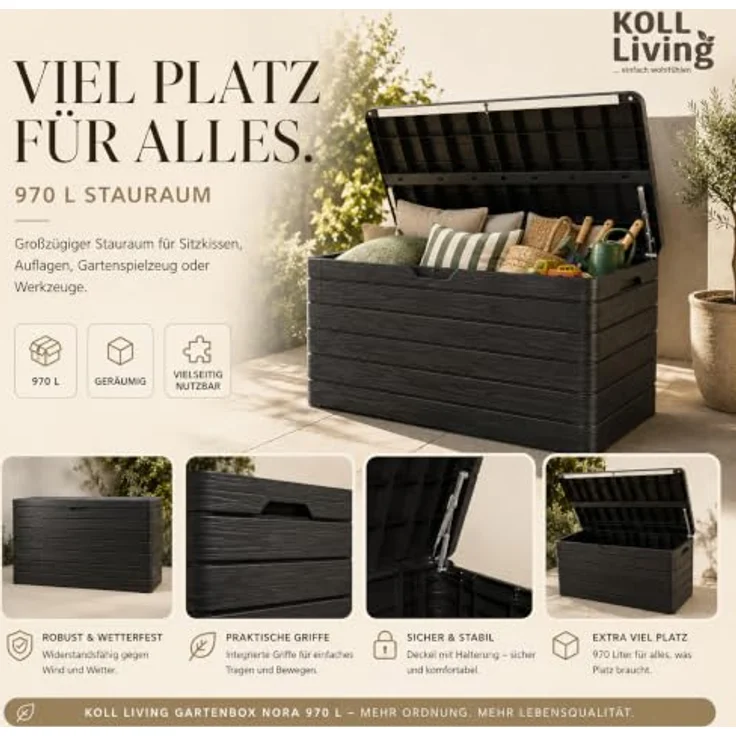 Koll Living Gartenbox Nora, 970 Liter, Kunststoff, anthrazit, abschließbar, mit aufklappbarer Front und Gasdruckfedern – Bild 5