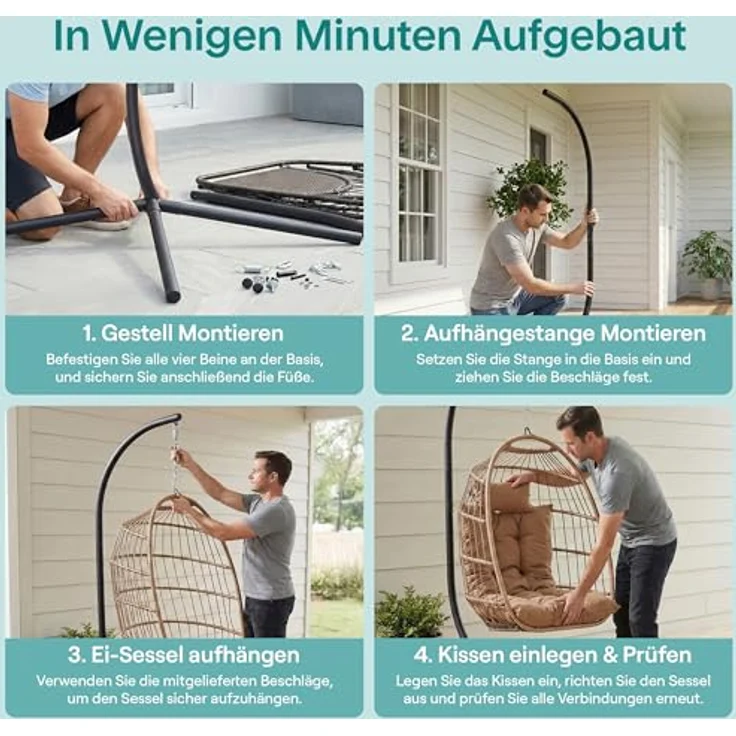 SereneLife Hängesessel mit Gestell – Rattan Hängesessel Outdoor & Indoor Wetterfest – Schaukel für Kinder & Erwachsene bis 250 kg mit Dicke Kissen – Faltbarer Schaukelsessel für Terrasse & Wohnzimmer – Bild 7