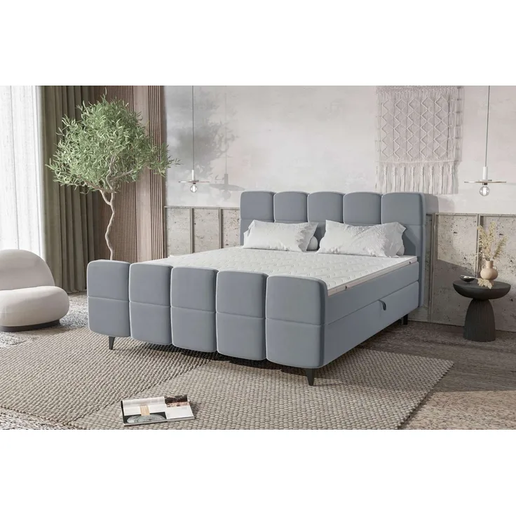 99rooms Capri Boxbett 180x200 cm Velours KRONOS Hellgrau