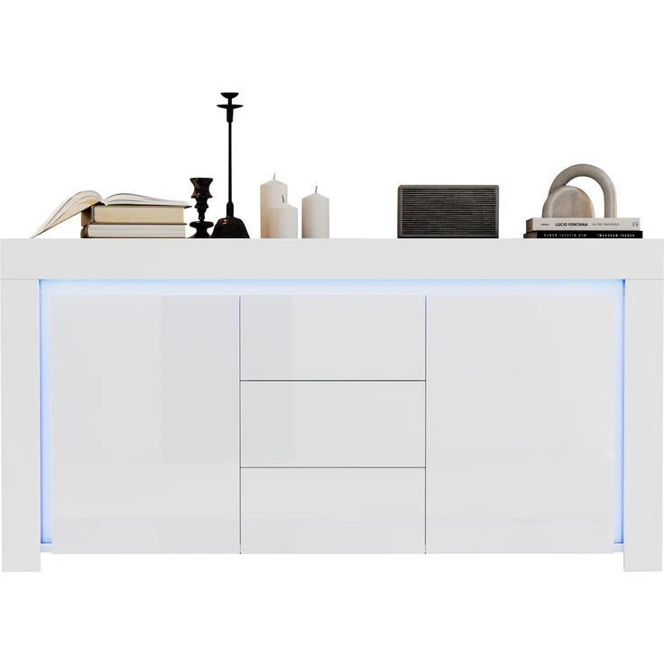 Merax Wohnzimmerschrank, Kommode mit 3 Schubladen, 2 Türen, Hochglanz Beistellschrank mit LED-Lichtleiste, Sideboard mit Stauraum, Weiß – Bild 9