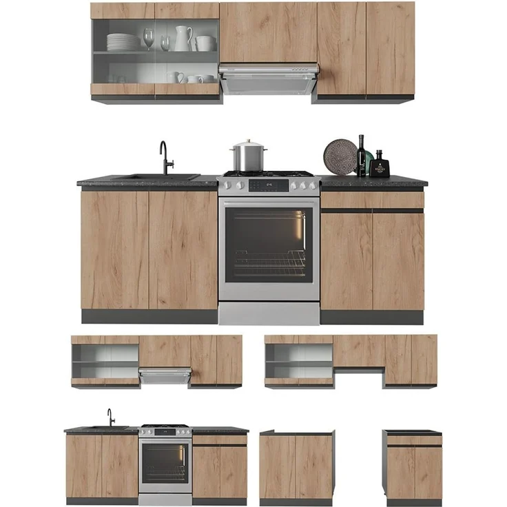 Küchenzeile R-Line Goldkraft Eiche/Anthrazit 200 cm J-Shape, AP Marmor Vicco – Bild 6