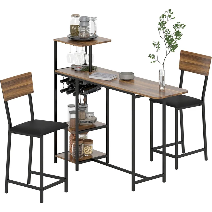 MELAYR, 3-teiliges Bartisch-Set, 1 Bartisch, 2 Stühle, mit Weinregal, Glashalter, 140 x 40 x 116 cm, Braun – Bild 2
