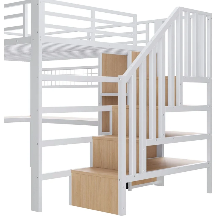 Hochbett mit RGB LED-Streifen, Eckschreibtisch, Treppe, Regal, Lattenrost, Wandgitter und 4 Schubladen, 140x200 cm, Kinderbett mit Rausfallschutz, Metallbett – Bild 10