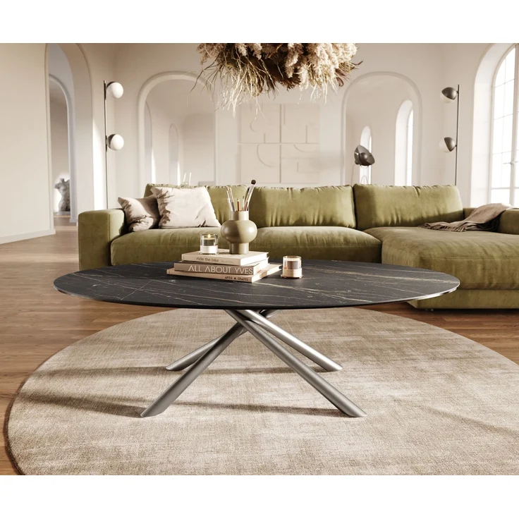 Couchtisch Edge Oval 140x80 cm Keramik Laminam® Noir Desir Braun Sarity Edelstahl gebürstet – Bild 2