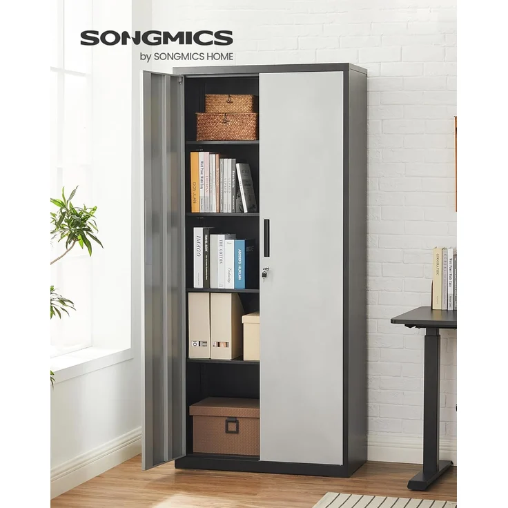 Songmics Aktenschrank, Mehrzweckschrank, Stahl-Aufbewahrungsschrank, 5 Ebenen, Doppeltüren, Schloss, Werkzeugschrank, verstellbare Ablagen, Garage, Büro, Wohnzimmer, silbern-schwarz OMC015S01 – Bild 4
