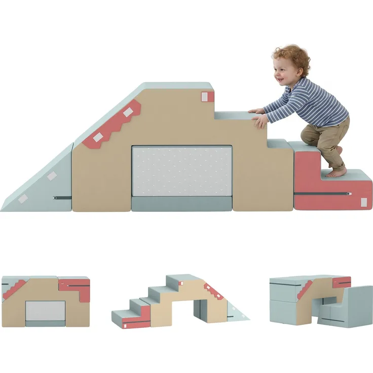 2-teiliges Schaumstoff-Bausteine ​​​​für Kleinkinder mit abnehmbaren Bezügen, Indoor-Kletter- und Krabbelspielset, Blau--Mehrfarbig--44x39x79cm--CHENHAONING