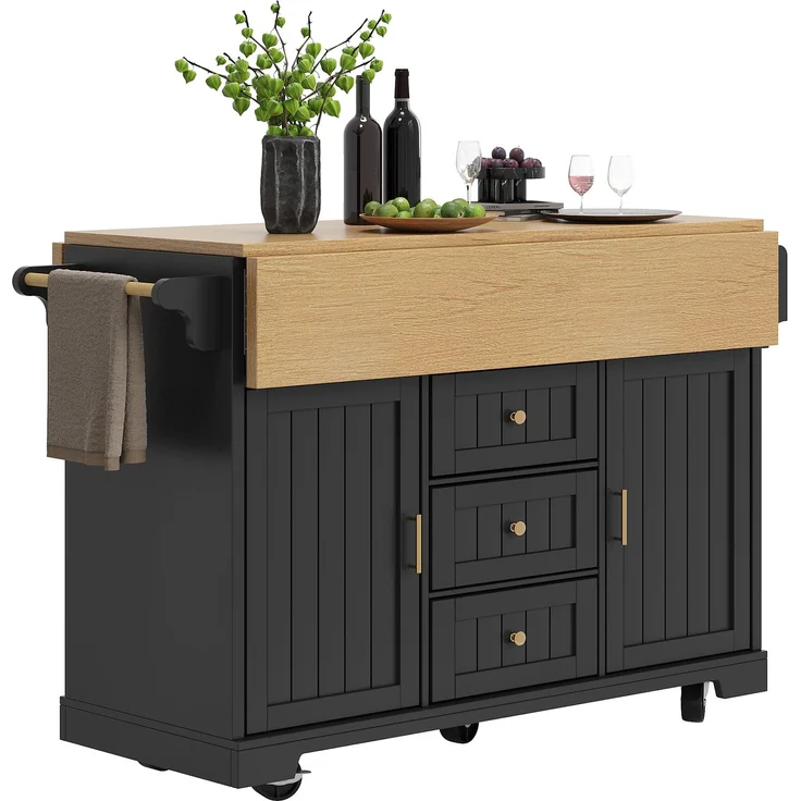 Kücheninsel, Schrank, Buffetschrank 120 x 40 (80) x 95 cm, ausziehbarer Küchenwagen mit Rollen, beidseitig ausziehbar, mit Handtuchhalter und Gewürzregal, zwei Türen, drei Schubladen, schwarz/weiß – Bild 7