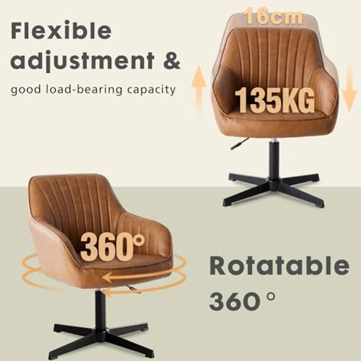 DUMOS Schreibtischstuhl Ohne Rollen, Bürostuhl Vintage PU Stoff, Höhenverstellbar Schminktisch Stuhl, Drehstuhl Kinder, Bis 135 kg Belastbar Desk Chair, für Arbeitszimmer, Schlafzimmer, Braun – Bild 7