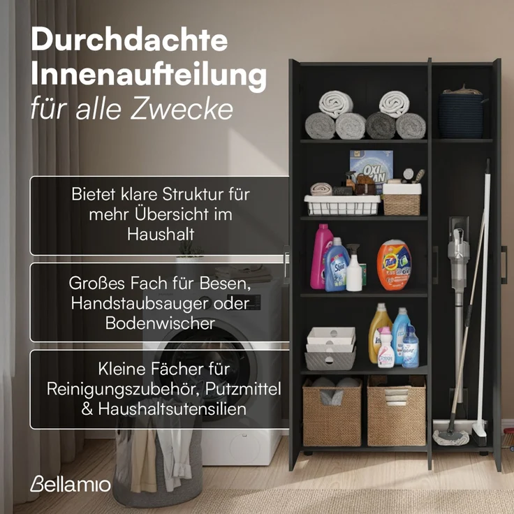 Bellamio 'Apol' Mehrzweckschrank, schwarz, 176x33x90 cm, Putzschrank mit 3 Türen und 5 Regalen, Besenschrank mit Staubsaugerfach – Bild 3