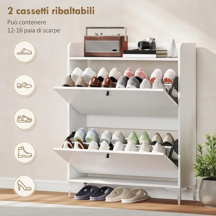 Mobiler Schuhschrank „Slim“ mit 2 Klappschubladen und verstellbaren Einlegeböden, aus Holz und Metall, 80 x 24 x 101 cm, Weiß – Bild 6