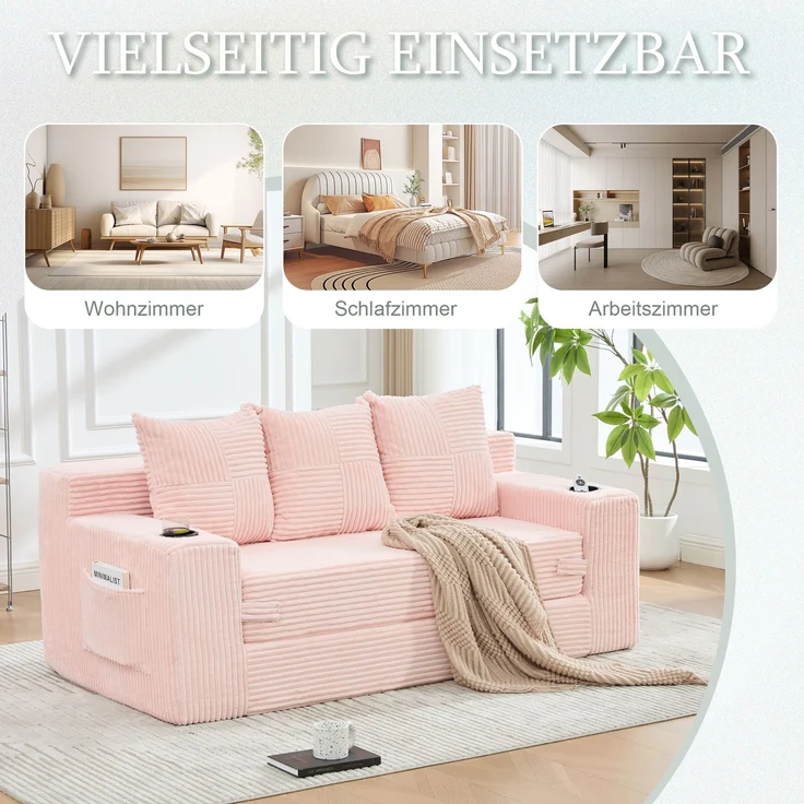 EINHOM Dreier-Sofa aus Baumwoll- und Leinenstoff, mit Getränkehalter und seitlichen Taschen, kann in drei Sitzplätze umgewandelt werden, rahmenloser Design mit gestrickten Kissen und Rückenlehne, großes Sitz – Bild 5