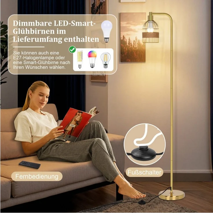Jibenhome LED Stehlampe Gold Stehlampe,Industrielle Stehleuchte mit Glühbirne & Fernbedienung, LED fest integriert, Fußschalter,3 Farbtemperaturen,10 Stufen dimmbar – Bild 3