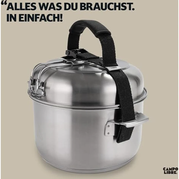 Campo Libre.® Enzo I Camping Kochgeschirr Set aus Edelstahl, induktionsgeeignet, 6-teilig mit Pfanne, Töpfen und Dämpfkörbchen, stapelbar – Bild 2