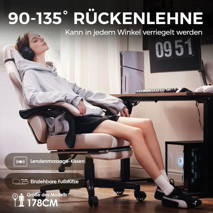 Dowinx Gaming-Stuhl Massage Lendenwirbelstütze Bürostuhl mit Fußstütze für Erwachsene (Packung), Ergonomischer Gaming Sessel Groß und Hoch für Office Gaming 135KG – Bild 3