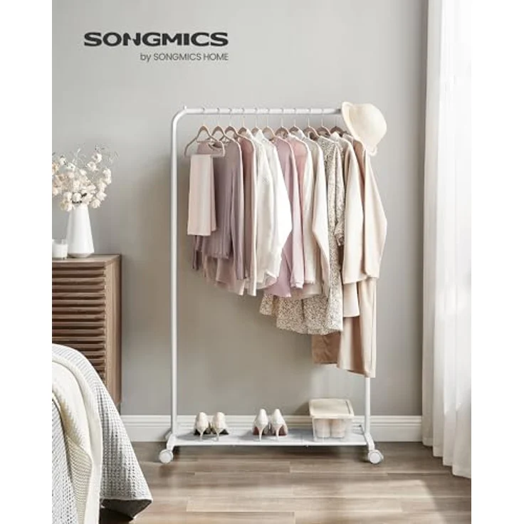 SONGMICS Kleiderständer, Kleiderstange auf Rollen, Garderobenständer Metall, Rollgarderobe 91 cm breit, mit Ablage, 2 Rollen mit Bremse, Stange bis 40 kg belastbar, weiß HSR025W01 – Bild 3