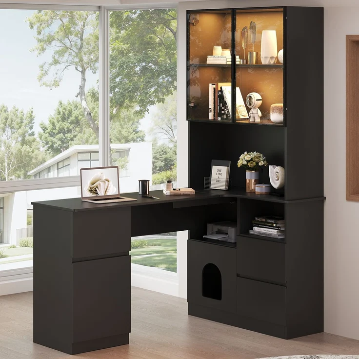 Flieks Eckschreibtisch mit LED-Vitrine & Regal 120×80×180 cm, Computertisch mit 3 Schubladen, 2 Türen, Haustierfach, Rechte Ecke, Schwarz – Bild 2