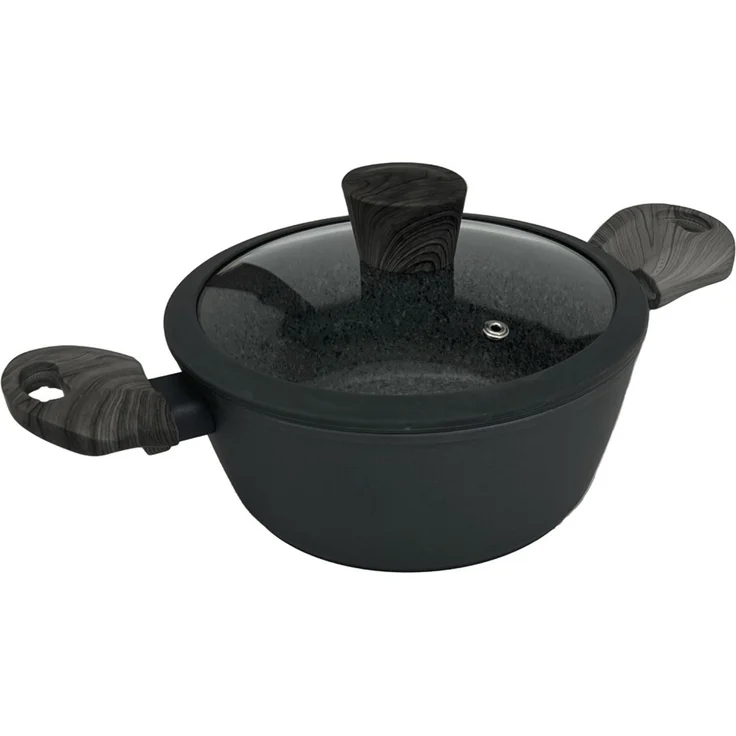 Bratentopf mit ergonomischen Holzgriffen Antihaft mit Glasdeckel in Schwarz ø20 cm