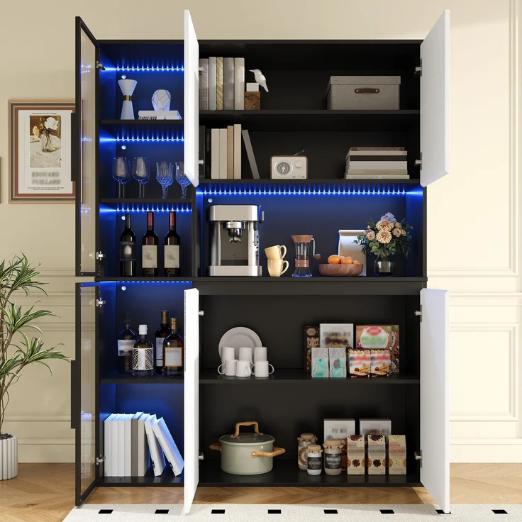 Hochschrank, Vitrine, Highboard, Anrichte, Schwarz-Weiß Optik, Glaselemente, integrierte LED-Leuchten, MDF-Korpus, geräumiger Stauraum, Esszimmerschrank, Wohnzimmerschrank--Schwarz, Weiß--120x40x160cm--YOUDENOVA – Bild 9