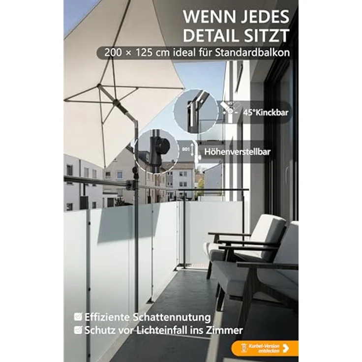 4smile Sonnenschirm Balkon 200x125 cm mit Schirmhülle, Anthrazit - UV50+ Sonnenschirm rechteckig knickbar höhenverstellbar, Sommer Schirm für Sonnenschutz Balkon als Ersatz für Ampelschirm – Bild 4