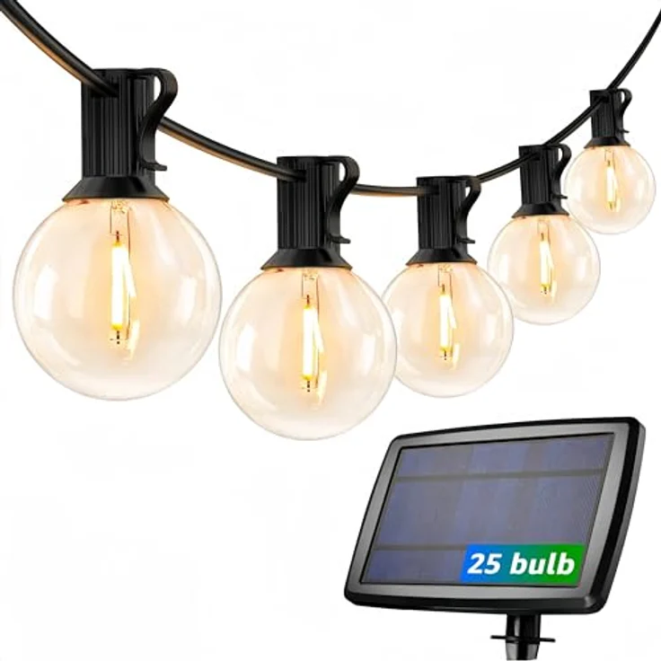 Lepro Solar Lichterkette G40, 7.62M mit 25 warmweißen LEDs, USB wiederaufladbar, 4 Beleuchtungsmodi für Garten, Balkon, Hochzeit und Weihnachtsdeko – Bild 1