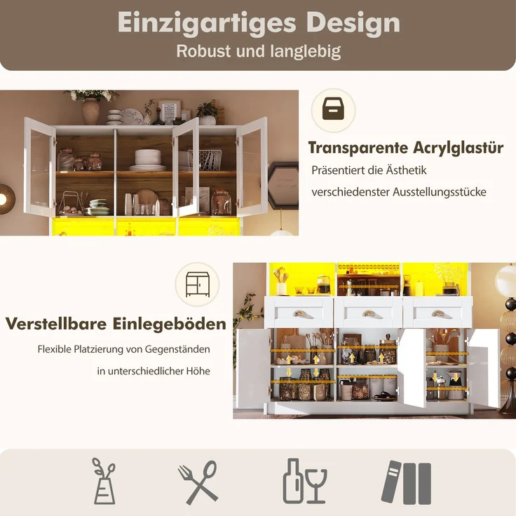 Küchenschrank(140×40×175cm), Hochschrank Küchenbuffet, Vitrinenschrank, Buffetschrank mit Verstellbaren Ablagen, Sideboard mit LED-Beleuchtung,Variable Lichtfarben, Weiß/Schwarz – Bild 8