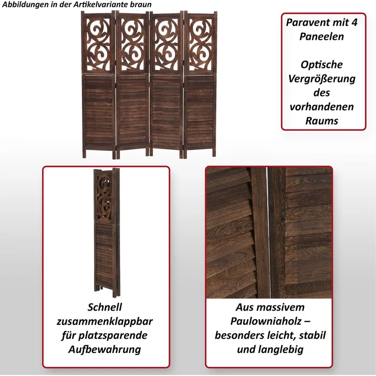 Paravent T568, Raumteiler Trennwand Sichtschutz Raumtrennung, Ornamente klappbar Paulownia Holz 170x160cm ~ weiß – Bild 2