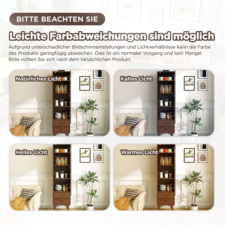 Moderner Hochschrank mit Glastür, Vitrinenschrank mit verstellbaren Regalen und 2 Schubladen, Standschrank für Wohnzimmer, Bad & Büro in Nussbaumholz-Optik--Nussbaum--39.8x35x160cm--YOUDENOVA – Bild 7