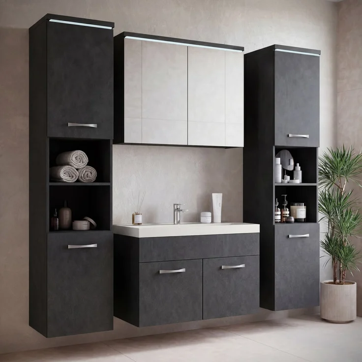Badplaats Badezimmermöbel Set Paso XL 80 x 40 cm – Dunkelgrau – Waschtischunterschrank mit Spiegelschrank und Seitenschränken – Bild 3