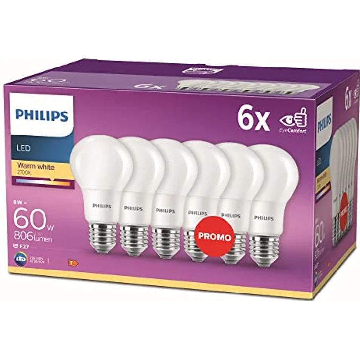 Philips LED Classic E27 Lampen 6-er Pack (60 W), matte LED Lampen mit warmweißem Licht, energiesparende Lampen mit langer Nutzlebensdauer, alte Generation – Bild 2