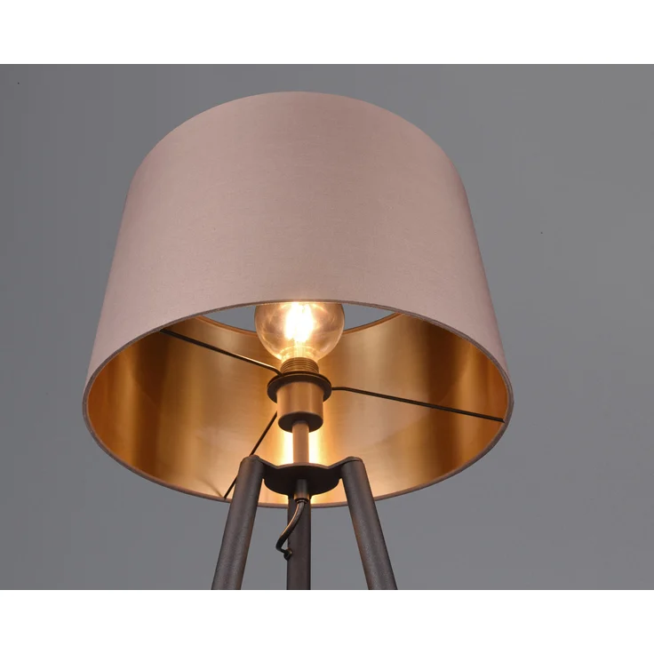 LED Tripod Stehleuchte mit Stoffschirm Taupe/Gold & Ablagetisch, Höhe 152cm – Bild 6