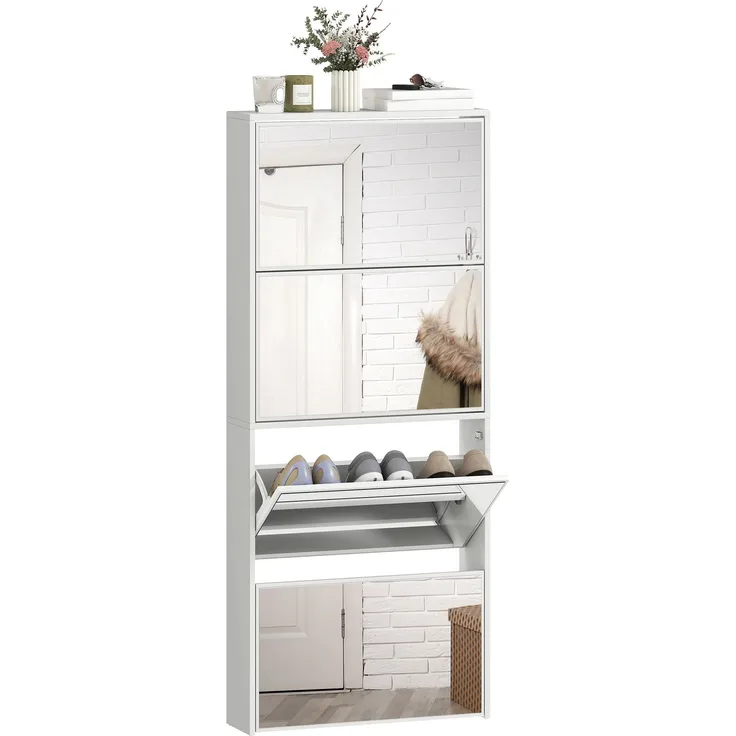 Spiegel-Schuhschrank mit 4 Türen und Kippschutz aus Holz, 63 x 17 x 146 cm, Weiß