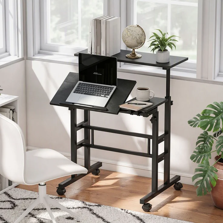 Steh-Sitz-Schreibtisch, höhenverstellbar, 70 x 60 cm, mit Rollen und neigbarer Tischplatte, schwarzer Metallrahmen – Bild 3