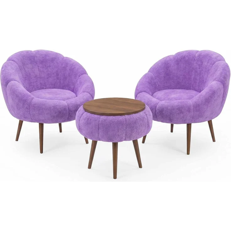 Hanah Home Elegantes Ohrensessel- und Couchtisch-Set (3-teilig), Flieder | 100% melaminbeschichtet, 18 mm Stärke | Superweicher Stoff & Beine aus Eschenholz – Bild 1