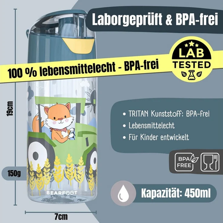BEARFOOT Trinkflasche Trinkflasche Kinder, leichte Wasserflasche - Traktor Fuchs – Bild 3