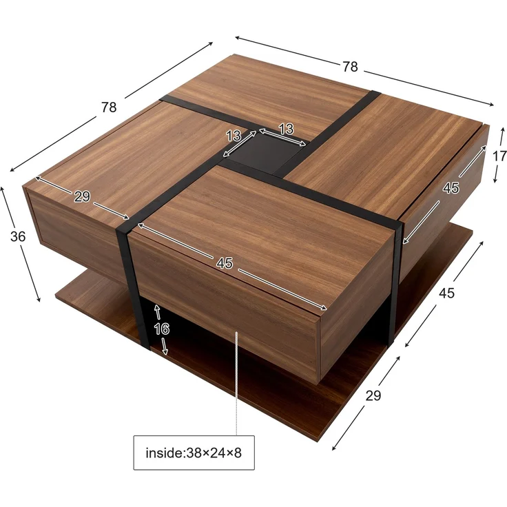Merax Hochglanz-Couchtisch, Tisch mit 4 Schubladen, einzigartige Farbabstimmung und Liniendesign, Stauraum unten, braun – Bild 7
