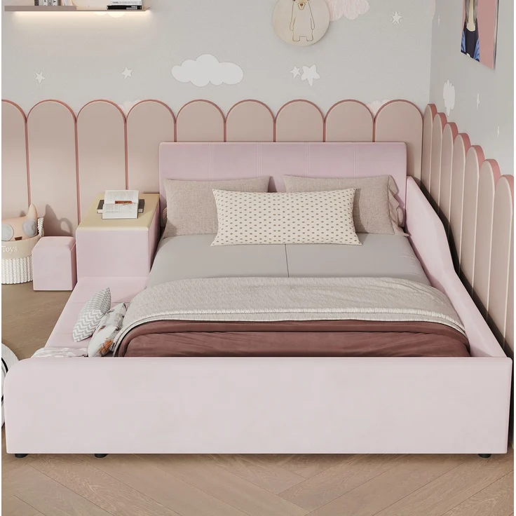 Kinder-Polsterbett, Samt mit Schreibtisch, Hocker & Ablageboden, 140x200 cm, Rosa, ohne Matratze – Bild 4