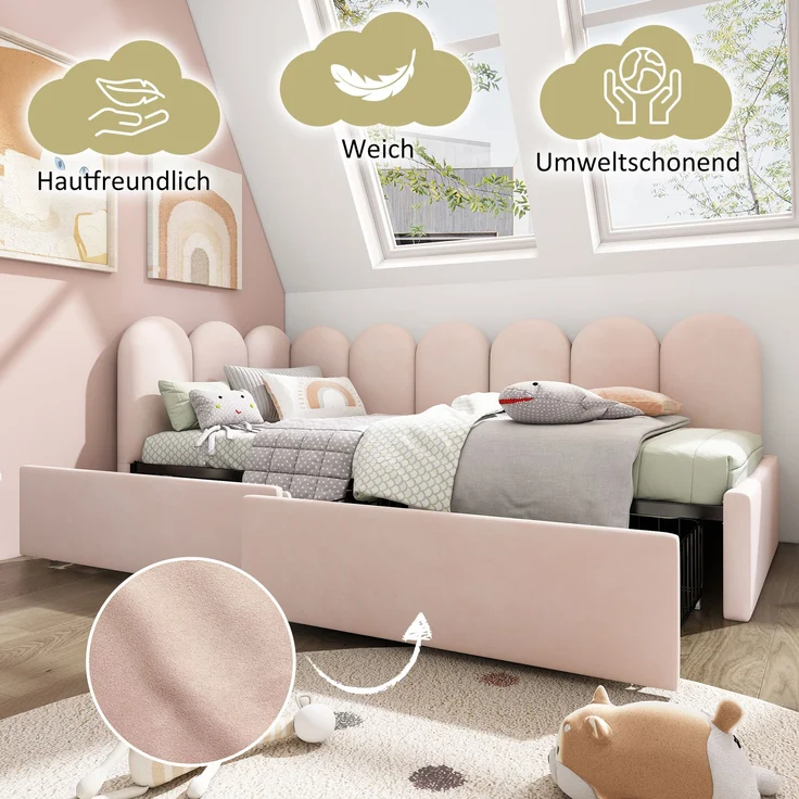 Polsterbett 90x190 cm aus Samt mit Stauraum – Daybett mit Schubladen, platzsparend und vielseitig – Bild 7