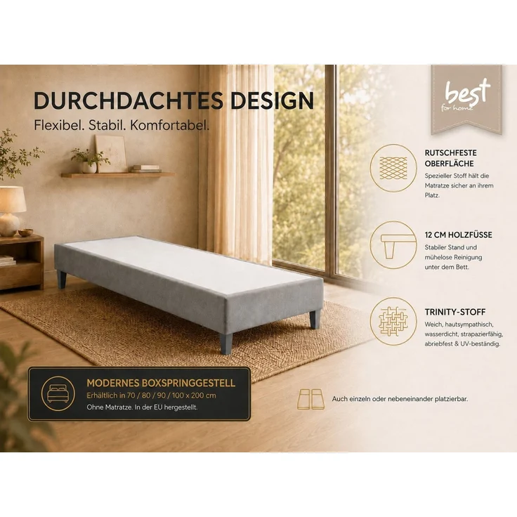 Best for Home Boxspringbett Boxspringbettgestell aus Massivholz in verschiedenen Größen (Bettgestell / Seniorenbett / Jugendbett / Kinderbett, Bettgestell ohne Matratze, optional mit Kopfteil), Massivholzrahmen, Trinity-Stoffbezug, wasserdicht, abriebfest – Bild 2