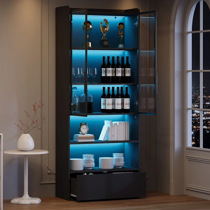 Vitrine 80x34x180 cm in Schwarz, Hochglanz-MDF mit Glastür, LED und Schublade – Bild 4