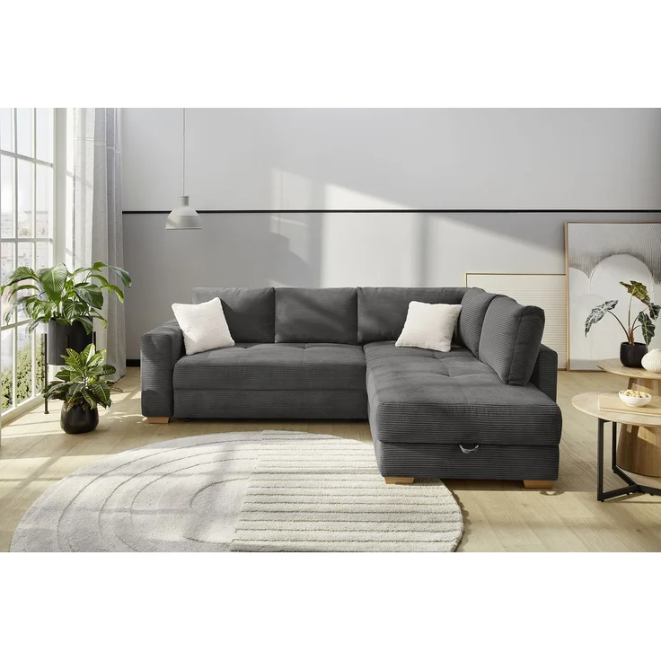 Ecksofa-Dauerschläfer Boxspring Federkerncouch Topper Stauraum Cord Grau Anthr. – Bild 1