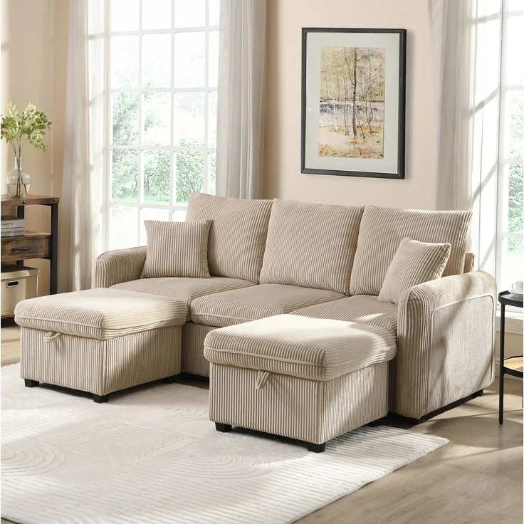 DESVIAE Sofa mit Schlaffunktion und Stauraum, Cord-Stoff, Beige, 188 x 186 x 86 cm – Bild 2