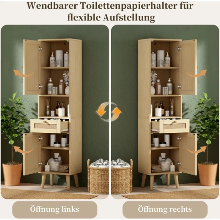 Flieks Badezimmer-Hochschrank 40x30x166 cm, Badschrank aus MDF in Naturholzfarbe mit Rattan-Türen, Schublade, Soft-Close & wendbarer Montage – Bild 5