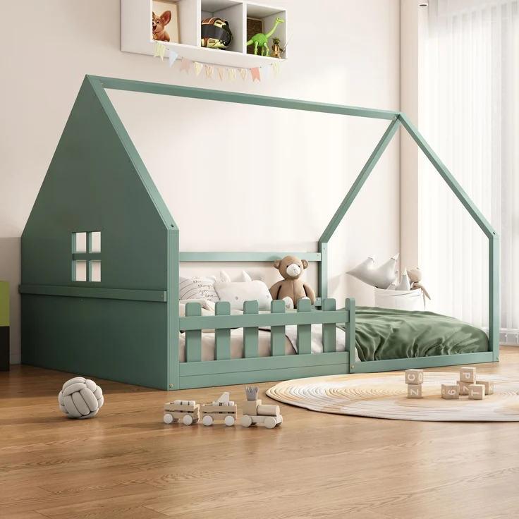 Merax Flachbett, 140*200 cm, Kinderbett, Hausleiste, Geländer, Kiefernholz, Grün – Bild 5
