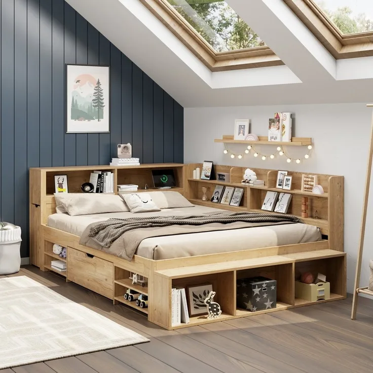 STILVORA Holzbett 140x200 mit Schublade,Jugendbett Stauraumbett mit Lattenrost&Matratze (Stauraumbett, Kinderbett, 1-tlg, 140*200 cm, ohne Matratze), mit ausziehbarer Nachttisch Schubladen, Regal und Stauschrank