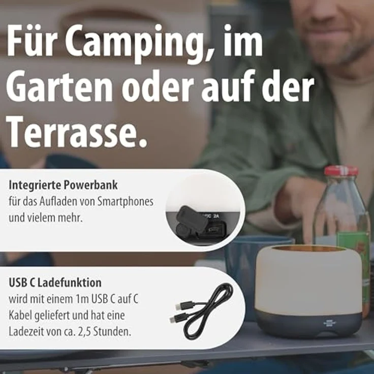 Brennenstuhl Akku Solar LED Outdoor Leuchte RGB GL 100 ASR (Campinglampe IP44 mit 340lm, 10%-50%-100% warmweiß – RGB Farbwechsel, bis zu 85h Leuchtdauer, Powerbank, austauschbarer Li-Ion Akku, USB C) – Bild 6
